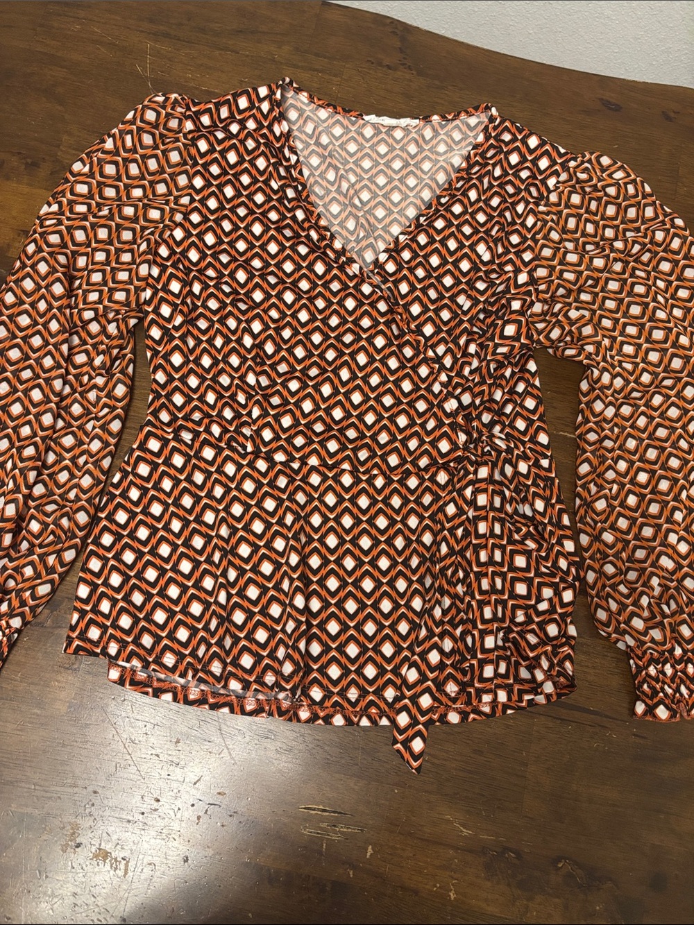PerSeption Concept Orange and White Geometric Wrap Blouse